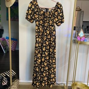 Black and Yellow Puff Sleeve Maxi Sundress